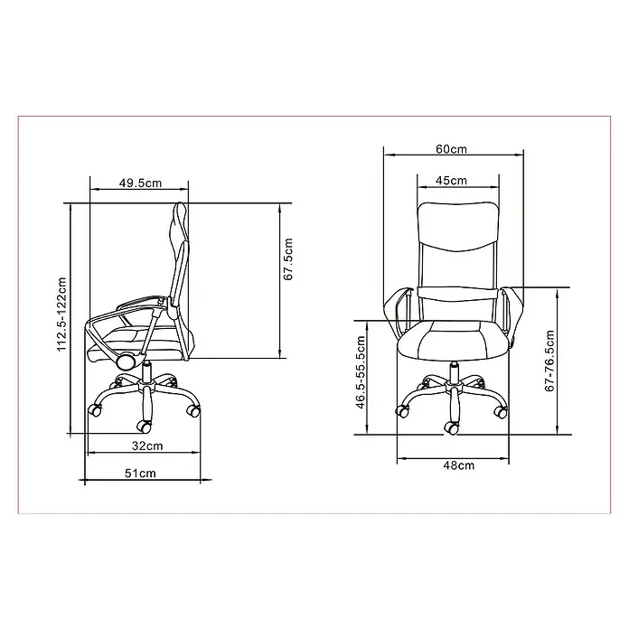 Silla de oficina Dafne - Blanco, Reposacabezas - Dimensiones de una silla de oficina, mostrando vistas laterales y frontales con medidas detalladas en centímetros.