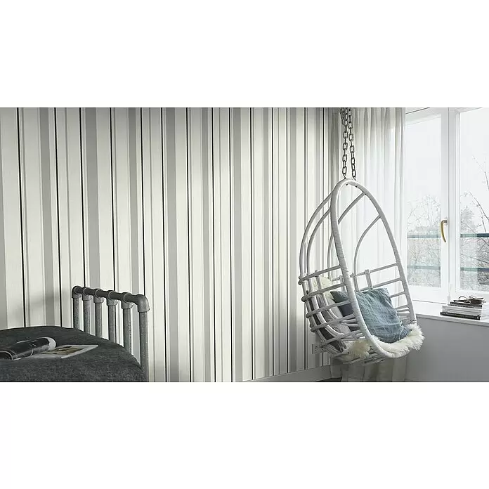 Rasch Rock'n Rolle Vliestapete Stripes - Weiß/Grau/Schwarz, Streifen, 10,05 x 0,53 m - Stimmungsaufnahme