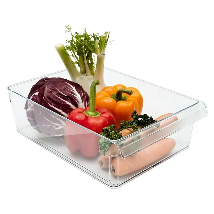 Rotho Aufbewahrungsbox Loft - L x B x H: 31 x 22 x 9 cm, Kunststoff, Transparent - Eine durchsichtige Aufbewahrungsbox gefüllt mit frischem Gemüse wie Karotten, Paprika und Radicchio, ideal für die Organisation im Kühlschrank.