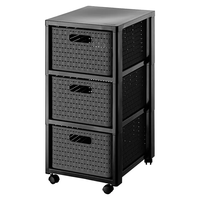Rotho Rollenaufbewahrungsbox CountryL x B x H: 37,5 x 37,5 x 71,2 cm, 4 Rollen, Anthrazit - Schwarzes Rollregal mit drei geflochtenen Schubladen für zusätzlichen Stauraum im Haus. Praktisch und stilvoll.