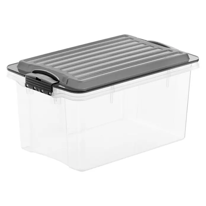 Rotho Aufbewahrungsbox Compact - L x B x H: 27 x 18,5 x 15 cm, Anthrazit, Kunststoff - Ein durchsichtiger Aufbewahrungsbehälter mit einem grauen Deckel, ideal für die Lagerung verschiedener Gegenstände.