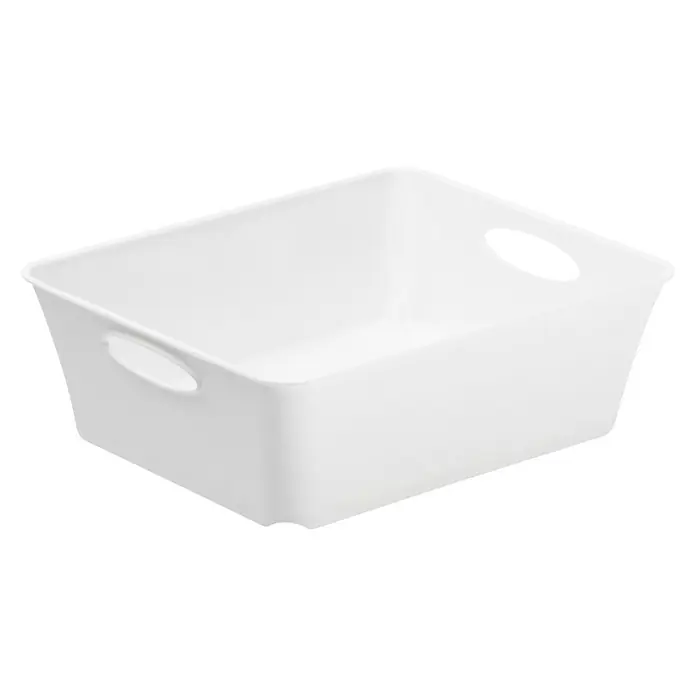 Rotho Aufbewahrungsbox Living - L x B x H: 18,6 x 15,1 x 6 cm, Kunststoff, Weiß - Aufnahme einer weißen Aufbewahrungsbox aus Kunststoff mit Griffen zur einfachen Handhabung auf schwarzem Hintergrund.