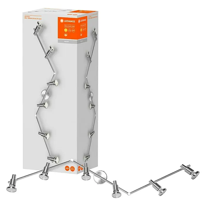 Osram LED-Deckenstrahler - 15,6 W, L x B x H: 1.190 x 80 x 170 mm, Nickel matt, Warmweiß, 6 Stk. - Das Bild zeigt eine LEDVANCE LED-Schiene mit mehreren Strahlern in Chromoptik, sowohl auf der Verpackung als auch separat dargestellt.