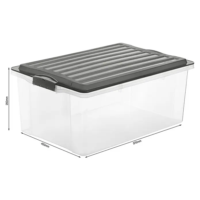 Rotho Aufbewahrungsbox Compact - L x B x H: 57 x 40 x 25 cm, Anthrazit, Kunststoff - Bild einer durchsichtigen Aufbewahrungsbox mit grauem Deckel und den Maßen 250 mm Höhe, 400 mm Breite und 570 mm Länge.