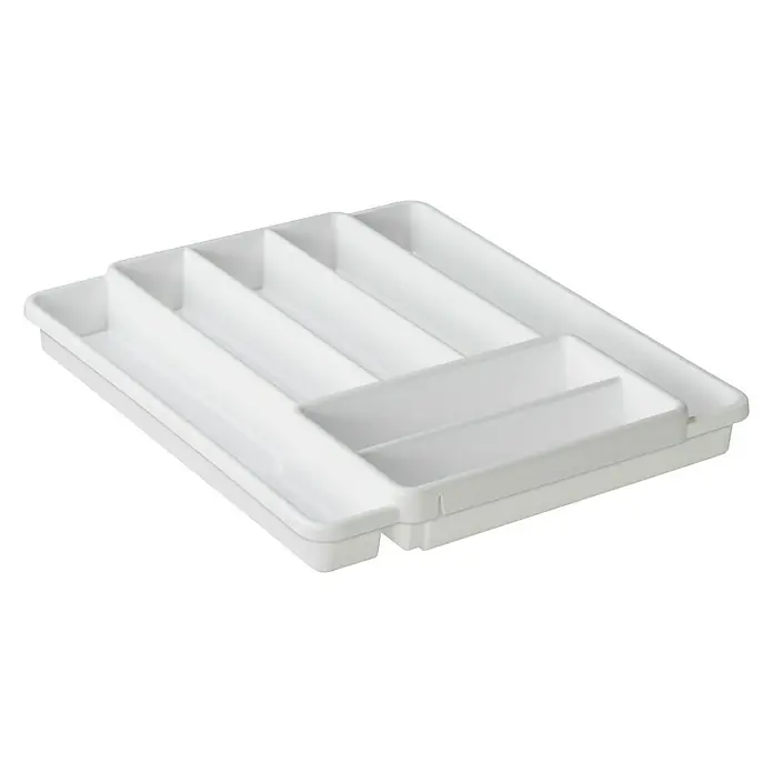 Rotho Besteckkasten Domino - 39,7 x 34,1 x 51 cm, Weiß - Ein weißer Schubladeneinsatz mit mehreren Fächern zur Aufbewahrung von Besteck und anderen Küchenutensilien.