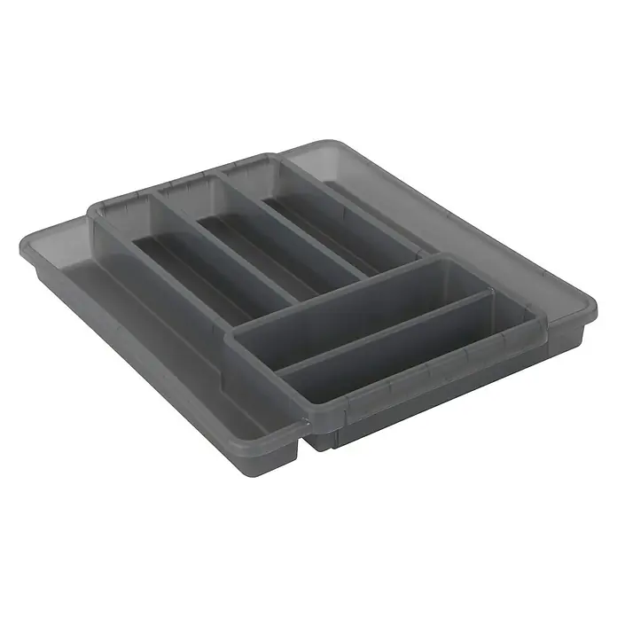 Rotho Besteckkasten Domino - 39,7 x 34,1 x 51 cm, Anthrazit - Graue, verschachtelte Besteckschale mit mehreren Fächern für die Organisation von Küchenutensilien und Besteck, die auf einer schwarzen Oberfläche steht.