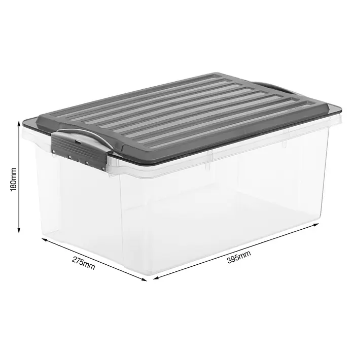 Rotho Aufbewahrungsbox Compact - L x B x H: 39,5 x 27,5 x 18 cm, Anthrazit, Kunststoff - Ein transparenter Kunststoffbehälter mit grauem Deckel und den Maßen 395mm x 275mm x 180mm. Ideal zur Aufbewahrung.