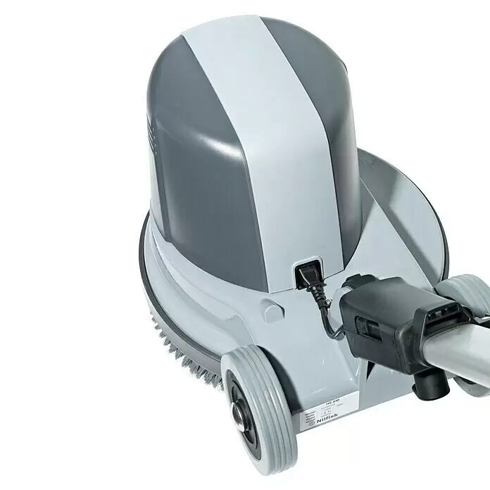 Nilfisk Poliermaschine FM400 D - 1.500 W - Graue und hellgraue Nilfisk Einscheibenmaschine mit angeschlossenem Netzkabel und sichtbaren Rädern.