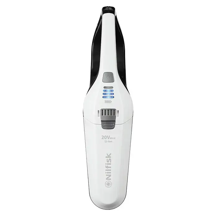 Nilfisk Akku-Staubsauger Easy - 20 V, 1 Akku, 1,95 Ah, 0,6 l - Nahaufnahme eines kabellosen Nilfisk Handstaubsaugers, weiß mit schwarzen Akzenten, der Komfort und moderne Reinigung verbindet.