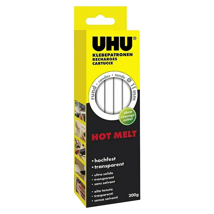 UHU Klebepatronen - 200 g, Durchmesser Klebepatrone: 11 mm, Transparent - Abbildung einer Packung UHU Heißklebepatronen, transparent, lösungsmittelfrei, für Bastel- und Reparaturarbeiten.
