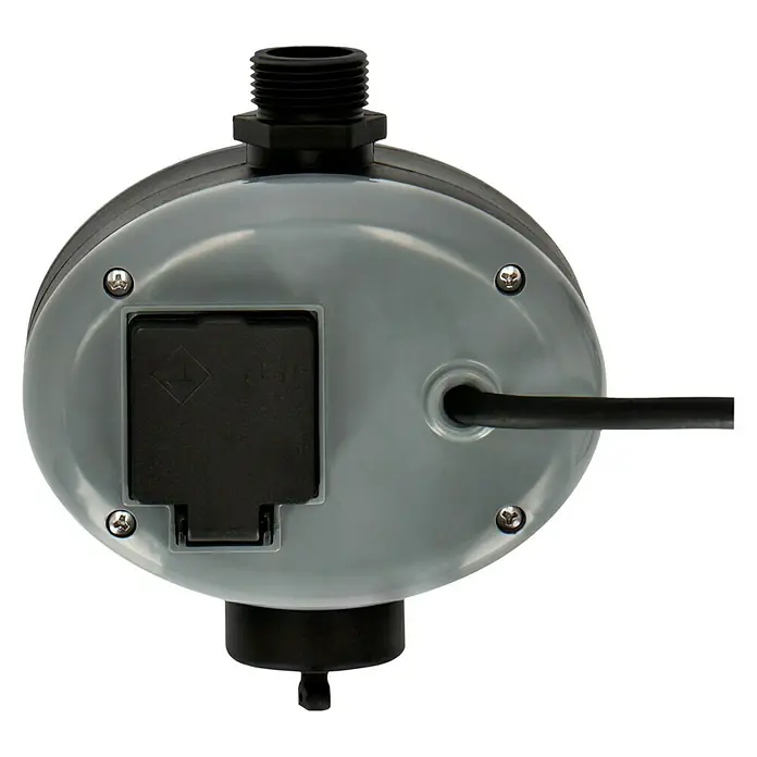 Neptun Durchflussschalter NDE-E 10 - Max. Druck: 10 bar - Nahaufnahme eines grauen Bewässerungscomputers mit einem Kabel und mehreren Schrauben, der zur Steuerung der Gartenbewässerung verwendet wird.