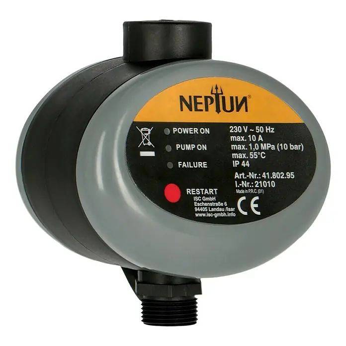 Neptun Durchflussschalter NDE-E 10 - Max. Druck: 10 bar - Nahaufnahme eines Neptun-Produkts, das ein elektronisches Gerät zur Steuerung von Pumpen darstellt.