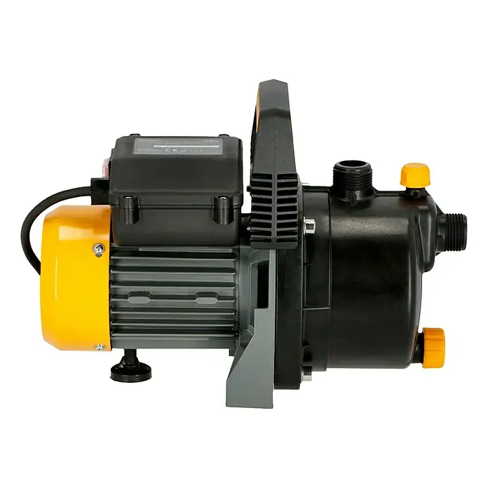 Neptun Gartenpumpe NGP-E 68 - 680 W, Max. Fördermenge: 3.800 l/h - Bild einer Jetpumpe, einer selbstansaugenden Pumpe für Brunnen und Tanks, mit gelbem Motor, schwarzem Pumpenkopf und Tragegriff.