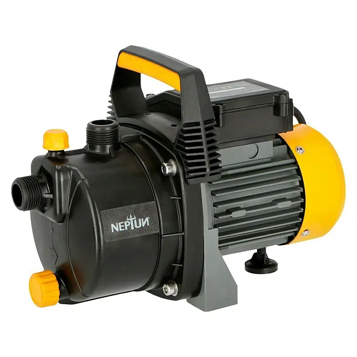 Neptun Gartenpumpe NGP-E 68 - 680 W, Max. Fördermenge: 3.800 l/h - Abbildung einer schwarzen und gelben Neptun-Wasserpumpe, die für den Einsatz in Gärten und im Freien konzipiert ist.