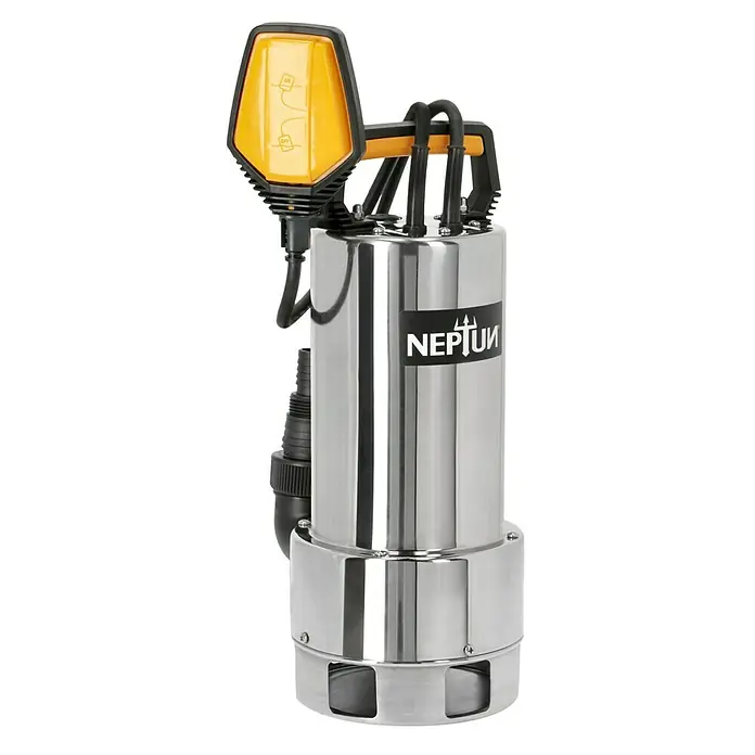 Neptun Schmutzwasserpumpe NSP-E 95 INOX - 900 W, Max. Fördermenge: 18.200 l/h, Eintauchtiefe: 5 m - Eine Tauchpumpe aus Edelstahl mit einem gelben Schwimmerschalter für automatischen Betrieb und einem schwarzen Netzkabel.