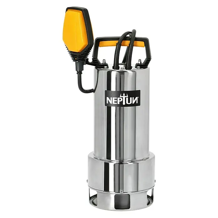 Neptun Schmutzwasserpumpe NSP-E 95 INOX900 W, Max. Fördermenge: 18.200 l/h, Eintauchtiefe: 5 m - Aufnahme einer Tauchpumpe der Marke Neptun, ideal für Entwässerungsarbeiten. Die Pumpe zeichnet sich durch ein robustes Edelstahlgehäuse aus.
