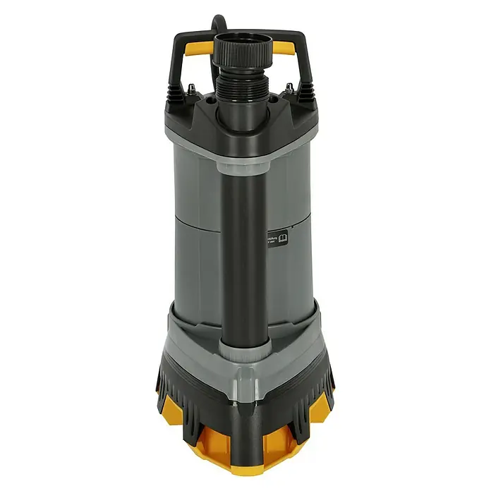 Neptun Schmutzwasserpumpe NSP-E 70 SENSOR - 700 W, Max. Fördermenge: 17.600 l/h, Eintauchtiefe: 5 m - Eine Nahaufnahme einer grauen und schwarzen Tauchpumpe mit gelben Akzenten, die ein zuverlässiges und effizientes Werkzeug für die Wasserentsorgung darstellt.