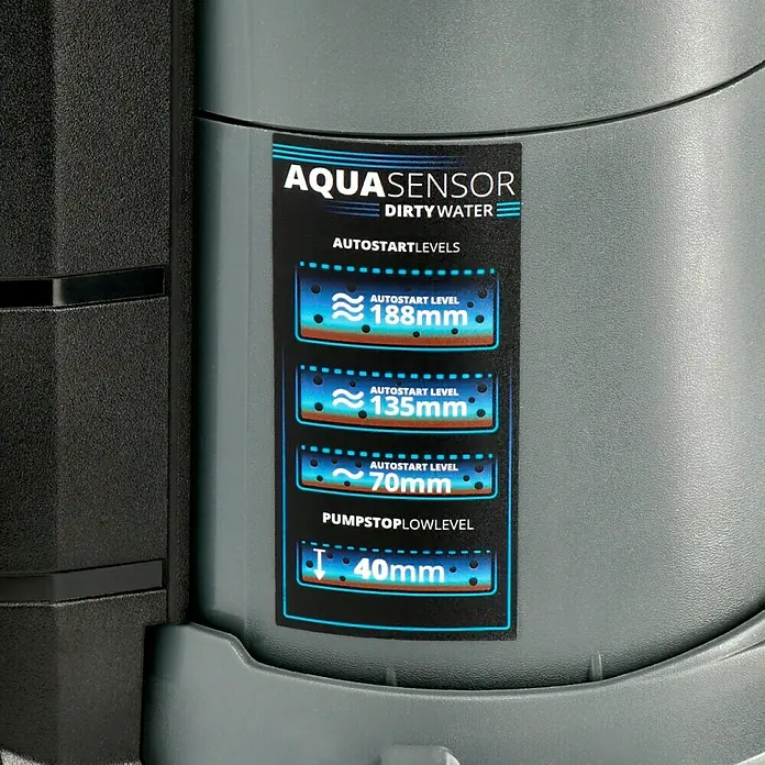 Neptun Schmutzwasserpumpe NSP-E 70 SENSOR - 700 W, Max. Fördermenge: 17.600 l/h, Eintauchtiefe: 5 m - Detailaufnahme eines AQUASENSOR Dirty Water Geräts, das die Autostart- und Pumpstopp-Pegel anzeigt.