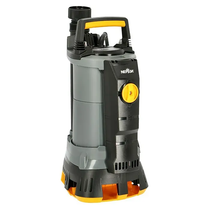 Neptun Schmutzwasserpumpe NSP-E 70 SENSOR - 700 W, Max. Fördermenge: 17.600 l/h, Eintauchtiefe: 5 m - Abgebildete Graue und schwarze Neptun Schmutzwasserpumpe mit gelben Akzenten. Ideal zum Abpumpen von Schmutzwasser in verschiedenen Umgebungen.