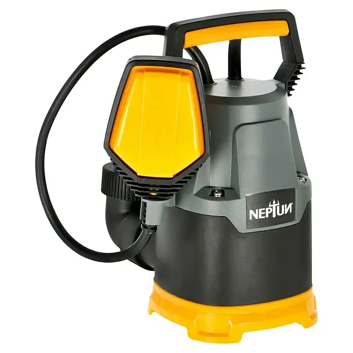 Neptun Klarwasser-Tauchpumpe NKP-E 22 - 220 W, Max. Fördermenge: 7.500 l/h - Graue und schwarze NEPTUN Schmutzwasserpumpe mit gelben Akzenten und Griff, ideal für den Einsatz in verschmutzten Umgebungen.