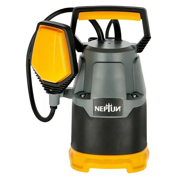 Neptun Klarwasser-Tauchpumpe NKP-E 22 - 220 W, Max. Fördermenge: 7.500 l/h - Nahaufnahme einer grauen und schwarzen Neptun Schmutzwasserpumpe mit gelben Akzenten.