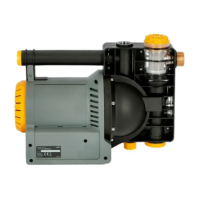 Neptun Gartenpumpe NGP-E 120 - 1.200 W, Max. Fördermenge: 4.600 l/h - Das Bild zeigt eine graue und schwarze Hauswasserpumpe mit gelben Akzenten, die für die Wasserversorgung im Haus oder Garten konzipiert ist.