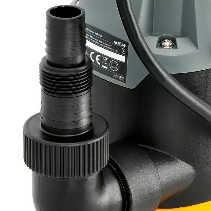Neptun Schmutzwasserpumpe NSP-E 33 - 330 W, Max. Fördermenge: 9.500 l/h, Eintauchtiefe: 7 m - Eine schwarze und dunkelgraue Tauchpumpe mit Gewindeschlauchanschluss und Netzkabel.