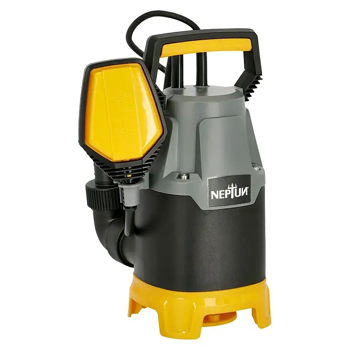 Neptun Schmutzwasserpumpe NSP-E 33 - 330 W, Max. Fördermenge: 9.500 l/h, Eintauchtiefe: 7 m - Das Bild zeigt eine Neptun-Schmutzwasserpumpe mit Schwimmerschalter, ideal für das Abpumpen von verschmutztem Wasser aus Baugruben und Teichen.