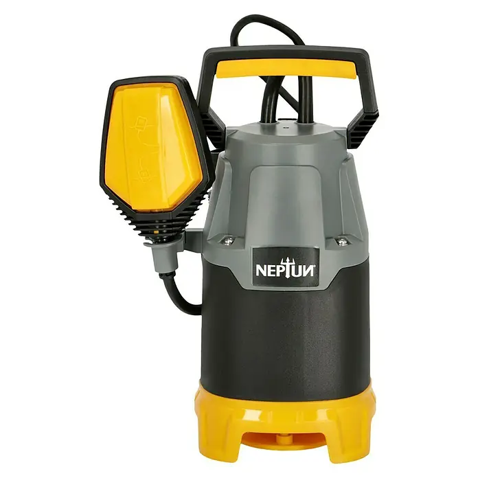 Neptun Schmutzwasserpumpe NSP-E 33 - 330 W, Max. Fördermenge: 9.500 l/h, Eintauchtiefe: 7 m - Nahaufnahme einer Neptun-Tauchpumpe, die ein robustes Design mit gelben Akzenten und einem praktischen Tragegriff zeigt.