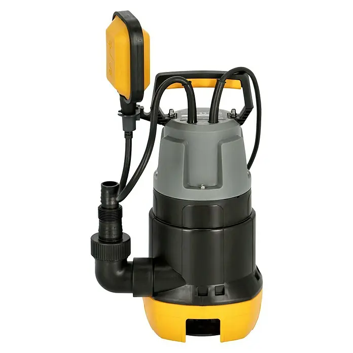Neptun Schmutzwasserpumpe NSP-E 75 - 750 W, Max. Fördermenge: 15.500 l/h, Eintauchtiefe: 7 m - Abgebildete Tauchpumpe. Die Pumpe ist grau, schwarz und gelb, mit einem Schwimmerschalter zur automatischen Steuerung.
