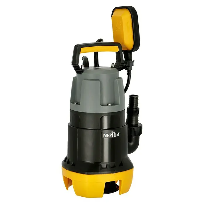 Neptun Schmutzwasserpumpe NSP-E 75 - 750 W, Max. Fördermenge: 15.500 l/h, Eintauchtiefe: 7 m - Eine Neptun-Tauchpumpe mit einem gelben Schwimmer und einem Griff für einfache Bedienung. Ideal für Entwässerungsaufgaben.