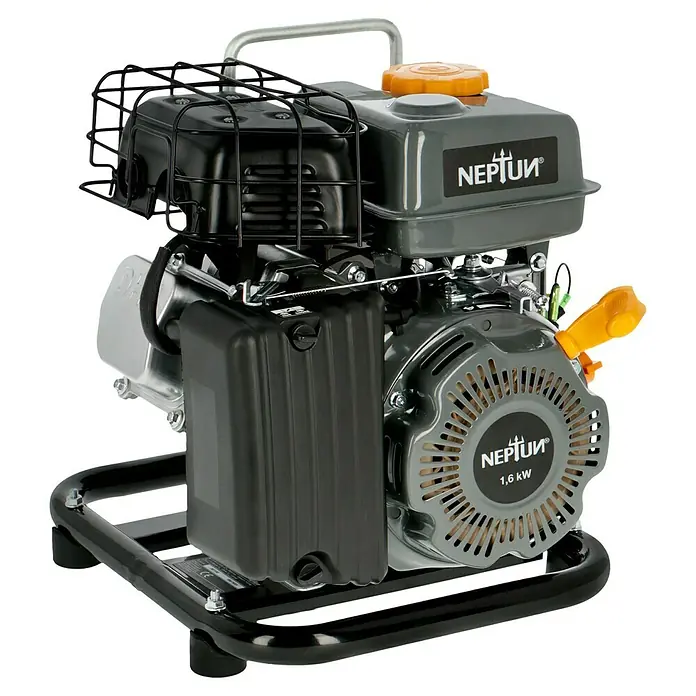 Neptun Benzinwasserpumpe NBP-E 16 - 1,6 kW, Max. Fördermenge: 14.000 l/h - Abbildung eines Stromerzeugers. Das Gerät ist grau, schwarz und hat einen orangefarbenen Deckel.