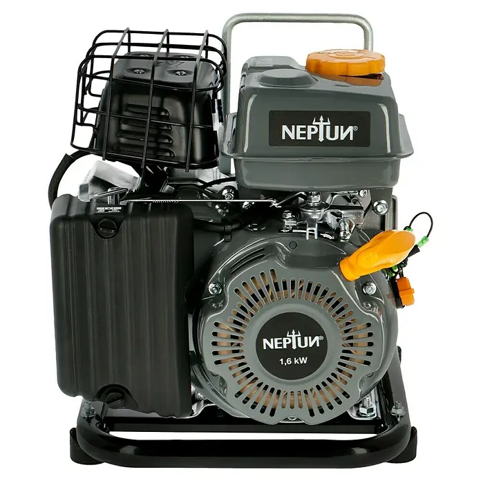 Neptun Benzinwasserpumpe NBP-E 16 - 1,6 kW, Max. Fördermenge: 14.000 l/h - Abbildung einer Neptun 1,6 kW Wasserpumpe. Sie ist kompakt, grau und hat einen gelben Tankdeckel und Zugstarter.