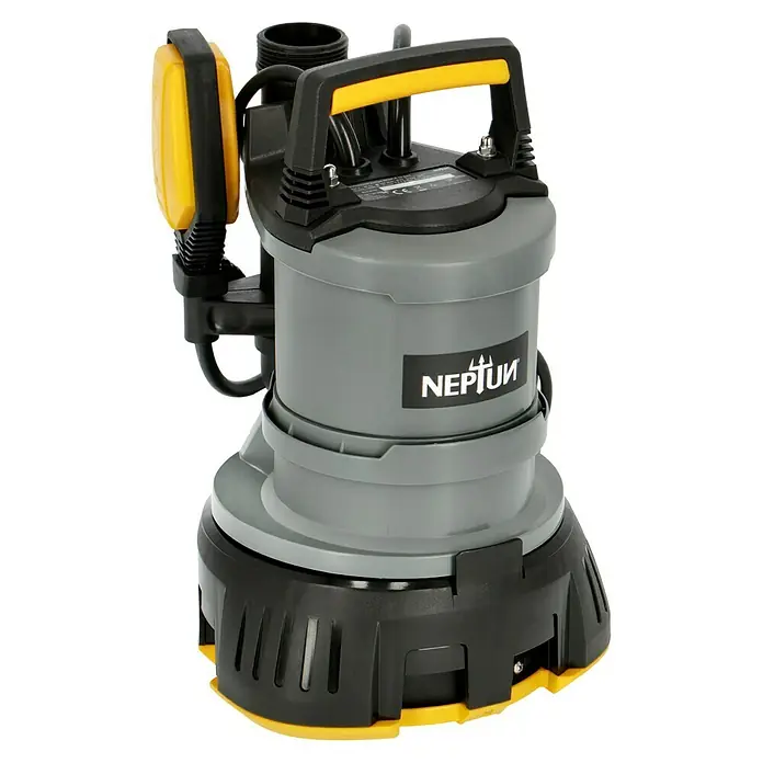 Neptun Abwasserpumpe NKSP-E 52 2in1 - 520 W, Max. Fördermenge: 13.500 l/h - Abgebildete Neptun Schmutzwasserpumpe. Die Pumpe ist grau mit gelben Akzenten und hat einen schwarzen Boden. Geeignet zum Abpumpen von Schmutzwasser.