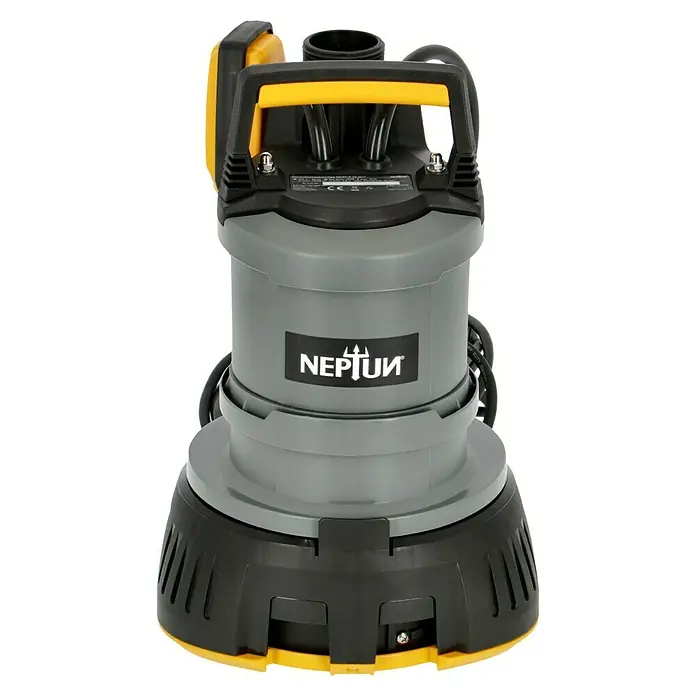 Neptun Abwasserpumpe NKSP-E 52 2in1 - 520 W, Max. Fördermenge: 13.500 l/h - Das Bild zeigt eine Neptun-Tauchpumpe in Grau und Schwarz mit gelben Akzenten, ideal für Entwässerungsarbeiten.