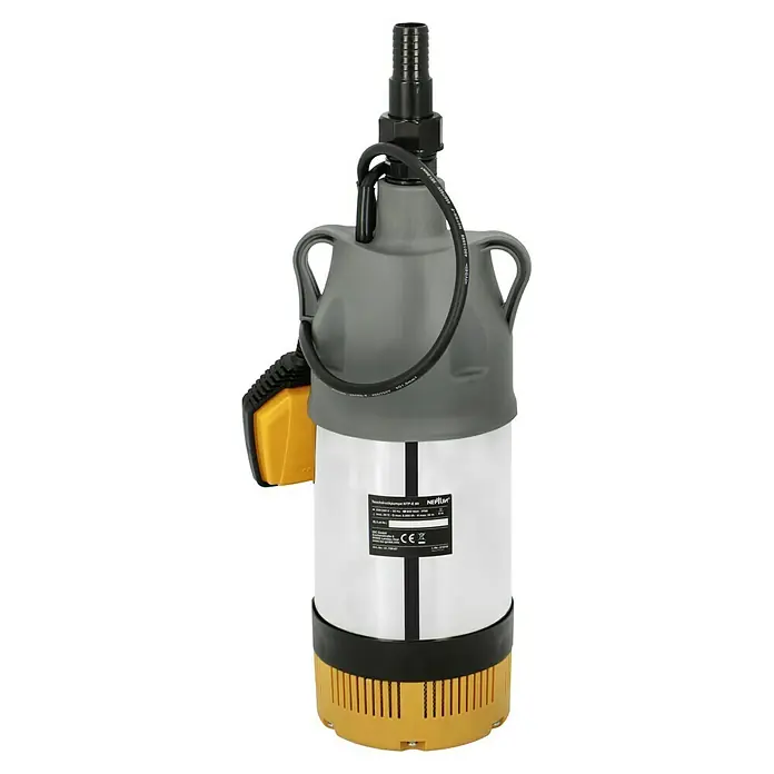 Neptun Drucktauchpumpe NTP-E 80 - 800 W, Max. Fördermenge: 6.000 l/h - Eine Nahaufnahme einer grauen und gelben Tauchpumpe, die für den Einsatz im Wasser entwickelt wurde. Ideal für Keller und Teiche.