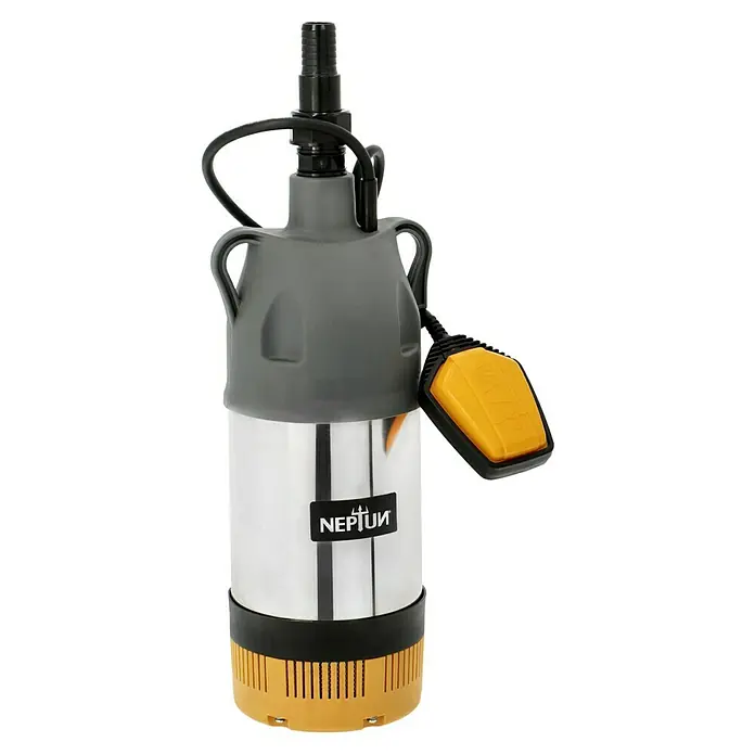 Neptun Bomba sumergible de presión NTP-E 80 - Capacidad de bombeo máx.: 6.000 l/h, Altura de transporte máx.: 32 m - Una bomba sumergible Neptun con parte superior gris, cuerpo plateado, base amarilla e interruptor de flotador, diseñada para aplicaciones de agua.