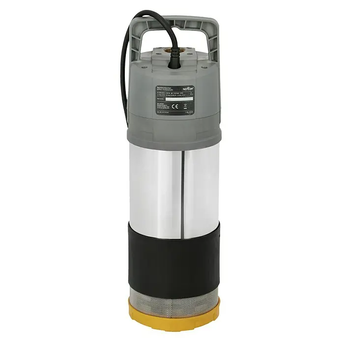 Neptun Drucktauchpumpe NTP-E 110 AUTOMATIC - 1.100 W, Max. Fördermenge: 6.000 l/h - Eine Tauchdruckpumpe mit silbernem Körper, schwarzem Gummiring und gelbem Gitterfuß, ideal für den Einsatz im Haus.