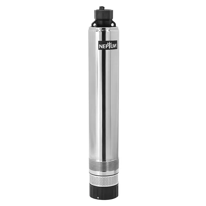Neptun Tiefbrunnenpumpe NTP-E 100 - 1.000 W, Max. Fördermenge: 6.500 l/h - Abgebildet ist eine NEPTUN-Tiefbrunnenpumpe, ein schlankes, zylindrisches Gerät aus rostfreiem Stahl, ideal für die effiziente Wasserförderung.