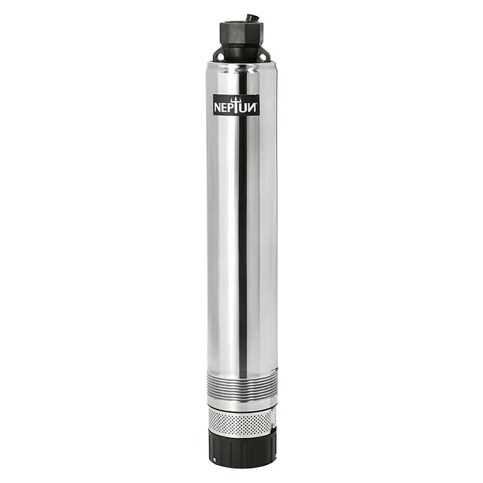 Neptun Tiefbrunnenpumpe NTP-E 100 - 1.000 W, Max. Fördermenge: 6.500 l/h - Edelstahl-Tauchmotorpumpe der Marke Neptun. Die Pumpe ist zylindrisch geformt und hat oben einen schwarzen Anschluss. Ideal für die Gartenbewässerung.