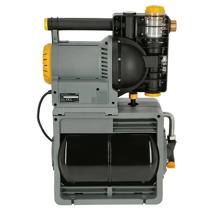 Neptun Hauswasserwerk NHW-E 120 - 1.200 W, Max. Fördermenge: 4.600 l/h, Max. Druck: 5 bar - Detailaufnahme einer Hauswasserpumpe in Grau und Schwarz mit gelben Akzenten. Ideal zur Gartenbewässerung und Hauswasserversorgung.
