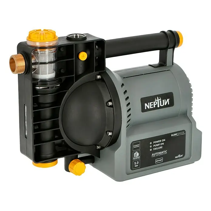 Neptun Hauswasserautomat NHA-E 120 - 1.200 W, Max. Fördermenge: 4.600 l/h, Max. Druck: 5 bar - Abgebildet ist eine NEPTUN-Hauswasserpumpe, ideal zur Gartenbewässerung und Hauswasserversorgung, mit praktischem Tragegriff und automatischer Funktion.