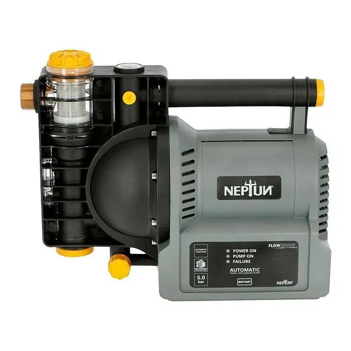 Neptun Hauswasserautomat NHA-E 120 - 1.200 W, Max. Fördermenge: 4.600 l/h, Max. Druck: 5 bar - Das Bild zeigt eine graue NEPTUN-Hauswasserpumpe mit gelben Akzenten, die für die automatische Wasserversorgung im Garten konzipiert ist.