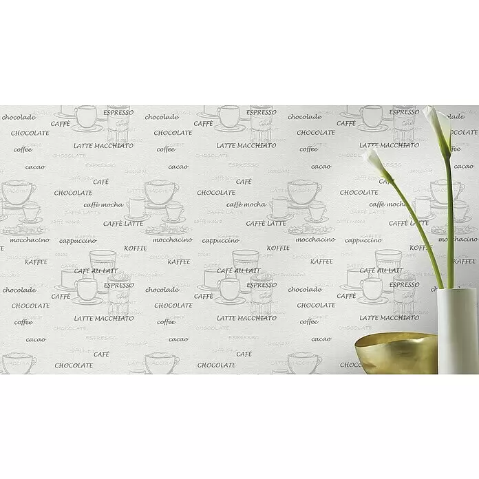 Rasch Vliestapete Kaffee - Creme/Grau, Grafisch, 10,05 x 0,53 m - Stimmungsaufnahme