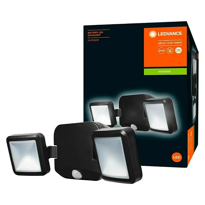 Ledvance LED-Sensor-Außenwandstrahler Double10 W, Schwarz, Bewegungsmelder - LEDVANCE Akku LED-Strahler für den Außenbereich, mit 480 Lumen, 10 Watt und 4000 Kelvin, dargestellt vor der Produktverpackung.