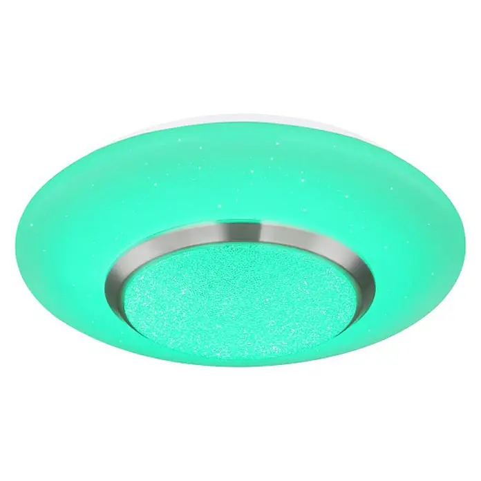 Globo Plafón LED redondo Candida - 18 W, Ø x Al: 34 mm x 8 cm, Blanco, Claro, Blanco cálido - Primer plano de una lámpara de techo LED colorida con efecto de estrella y anillo de acento plateado.