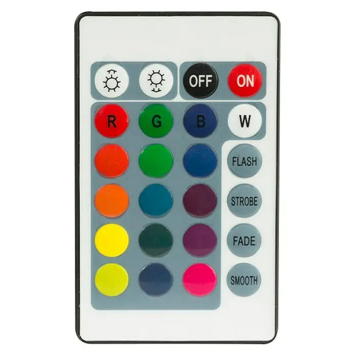 Globo Plafón LED redondo Candida - 18 W, Ø x Al: 34 mm x 8 cm, Blanco, Claro, Blanco cálido - Primer plano de un mando a distancia para tiras de luces LED RGB con varios botones para ajustes de color y modos.
