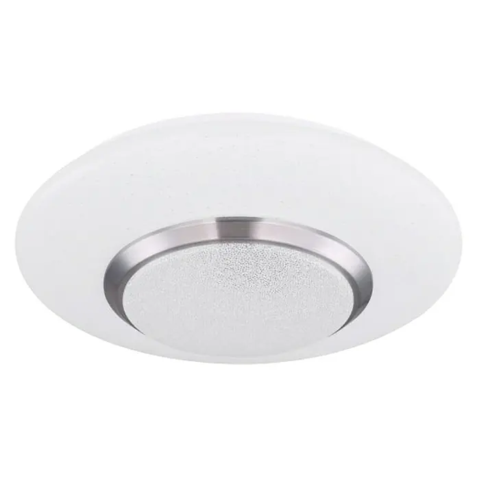 Globo Plafón LED redondo Candida - 18 W, Ø x Al: 34 mm x 8 cm, Blanco, Claro, Blanco cálido - Primer plano de una moderna lámpara de techo redonda con pantalla blanca y detalles plateados. Diseño elegante para iluminación con estilo.
