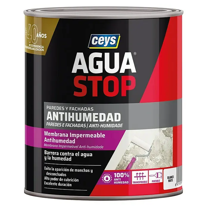 Ceys Impermeabilizante Agua Stop antihumedad - 1 kg - Bote de pintura antihumedad Ceys Agua Stop Antihumedad para paredes y fachadas, membrana impermeable para protección duradera.