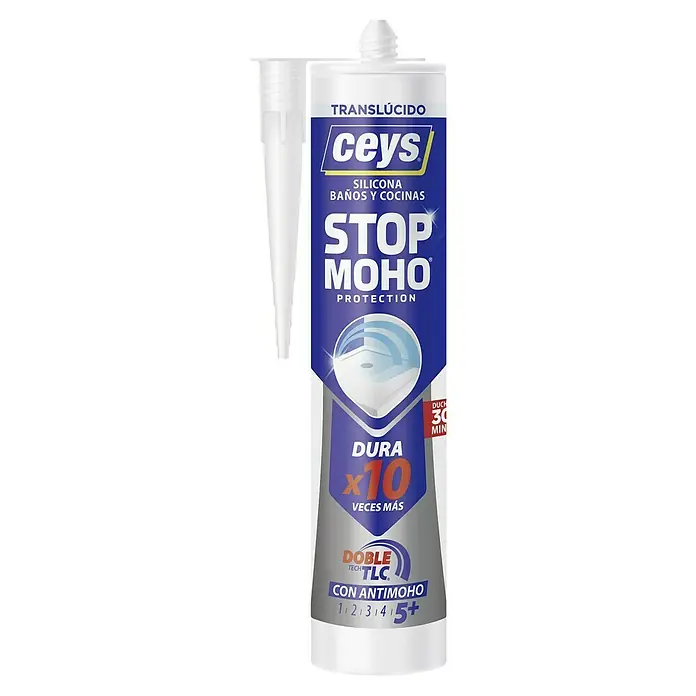 Ceys Silicona para sanitarios y cocinas Stop Moho - Transparente, 280 ml - Imagen del producto de la silicona Ceys Stop Moho para baños y cocinas, translúcida, con fórmula antimoho y durabilidad diez veces superior.